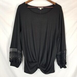 Blue Mood 3X Black Knot Front Top with Crochet Lace Sleeves NWT Plus Size